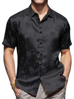 Forever Young Satin Jacquard Black Floral Shirt Size Medium
